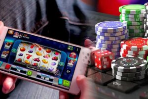 A person playing slots on mobile.