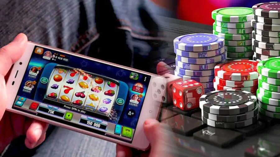 A person playing slots on mobile.