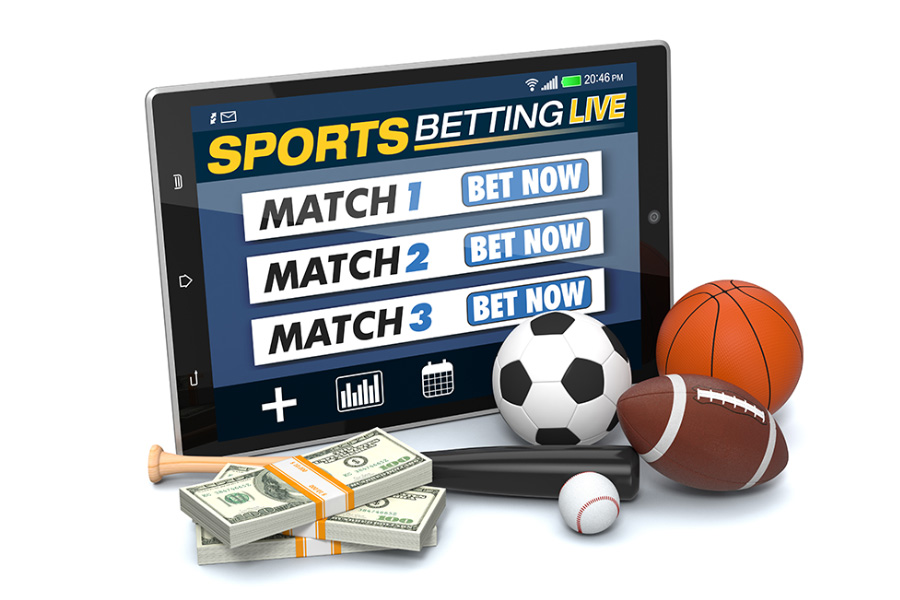 An image showing a mobile sportsbook, several sports balls and dollars.