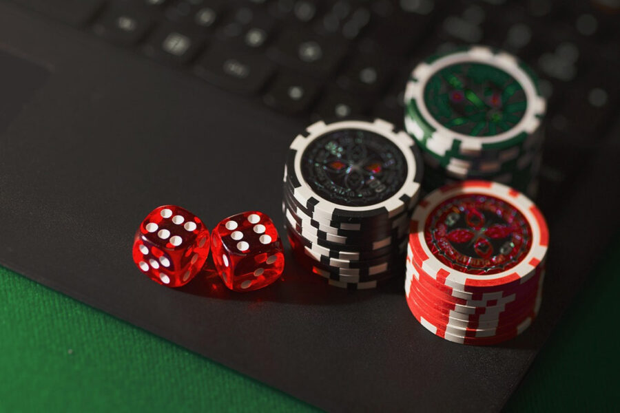 Poker chips and dice.