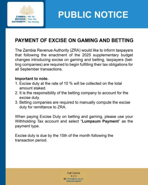 Zambia Revenue Authority issues official notice: strict monthly deadlines for highly contested 10 per cent betting tax