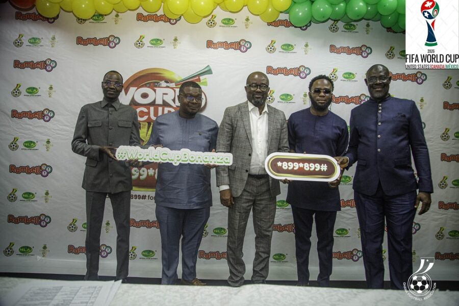 Officials from the National Lottery Authority, gaming company Rambell, and the Ghana Football Association at the launch of the World Cup Bonanza raffle. 