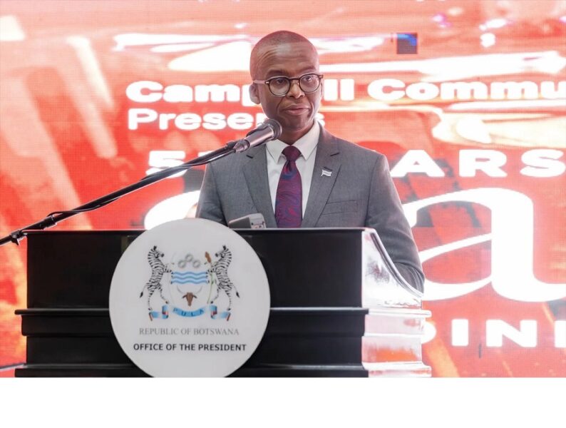 Acting President Ndaba Gaolathe at the fundraising Gala dinner at Botswana’s Grand Palm Casino, showing support for rebuilding classrooms for learners.