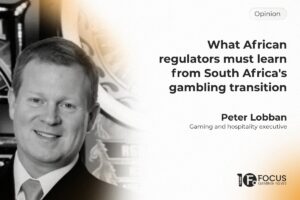 A promotional graphic for an opinion article titled ‘What African regulators must learn from South Africa's gambling transition’ by Peter Lobban, a gaming and hospitality executive. The image features a black and white portrait of Lobban on the left against a white background with soft golden light effects. The Focus Gaming News logo is positioned in the bottom-right corner.