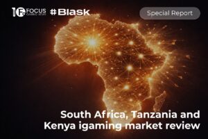 A promotional graphic for a 'Special Report' titled 'South Africa, Tanzania and Kenya igaming market review'. The central image is a glowing, golden map of the African continent, illustrated with interconnected data points and light networks on a dark background. Logos for Focus Gaming News and #Blask are positioned at the top.