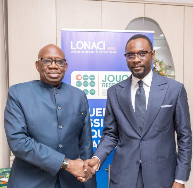 LONACI Director General Dramane Coulibaly (left) welcomes LNB SA Managing Director Marius Adanzounon 
