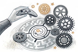 A maze of interconnected gears symbolizes the complexity of the gaming industry, with a looming hand ready to set them in motion.