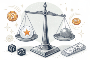 A scale balancing regulatory compliance, anti-money laundering, and responsible gaming principles with a spotlight on a transparent crystal ball.