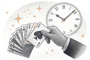 A hand of cards is reshuffled, revealing a new set of rules and regulations while a clock ticks in the background.