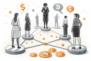 A diverse group of abstract female figures stand on interconnected platforms, each representing a different aspect of gaming leadership and finance.
