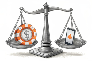 A digital scale balances between a traditional casino chip and a modern online gambling icon.
