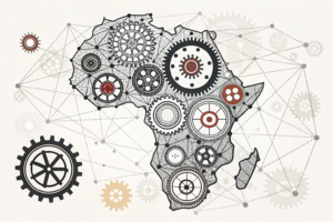 A complex web of interconnected gears symbolizing the intricate navigation of fragmented regulations, market-specific requirements, technology, and player trust in the African igaming market.