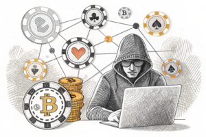 A digital web of interconnected poker chips hovers over a shadowy figure, symbolizing the financial crime risks in online gambling.