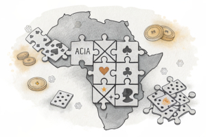 A group of interconnected puzzle pieces forms a strong network, symbolizing the integration of Gabon's state gaming operator into the African Lotteries Association.