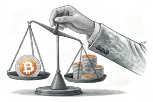 A hand holding a digital scale weighs a stack of disappearing digital coins, symbolizing the reevaluation of the betting market with new regulations and monitoring.