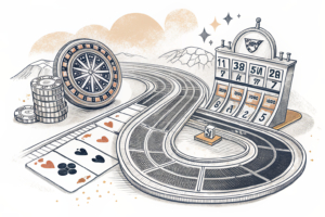 A racing track with intertwined lanes, a roulette wheel, and a slot machine symbolize the diverse gambling sectors' contributions to the Western Cape's tax revenue.