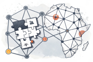 A network of interconnected digital puzzle pieces forms a cohesive structure, symbolizing the collaboration and cooperation between African gaming regulators in Tanzania.