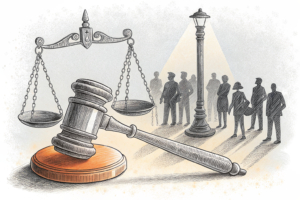 A large scale with a gavel balancing on top, surrounded by shadowy figures representing stakeholders, as a spotlight shines on the gavel.