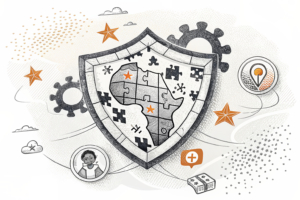 A diverse group of interconnected puzzle pieces form a shield around a central core, symbolizing unity and collaboration in responsible gaming initiatives across Africa.