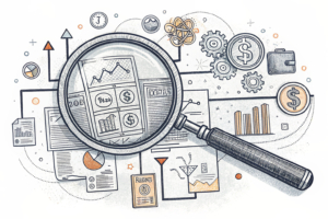 A large magnifying glass hovers over a complex network of interconnected financial documents, highlighting intricate details.