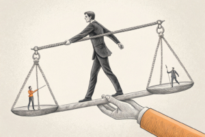 A large scale balances on a tightrope between two hands, symbolizing the delicate balance required for promotional raffles and contests in the insurance and pension-fund sectors.