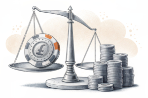 A scale balances between a stack of fading digital poker chips and a growing pile of coins, symbolizing the review of licensing fees and business sustainability in the gaming industry.