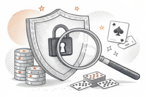 A digital shield with a lock symbol blocks a stream of online gambling websites, while a magnifying glass hovers over to track their origins and ownership.