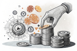 A digital hand hovers over a stack of virtual coins, surrounded by abstract digital elements representing proposed gambling and lottery reforms.