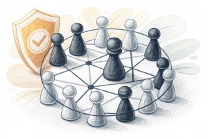 A group of diverse abstract figures engage in a circle, surrounded by a shield of interconnected lines symbolizing responsible gaming and player protection.