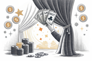 A giant hand gently lifts a curtain of digital lottery tickets, revealing a glowing jackpot behind.