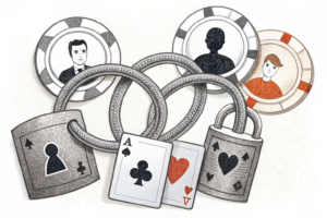 A pair of intertwined digital networks with a barrier symbolizing consumer protection, while fading gambling vouchers and minors' silhouettes are kept at bay.