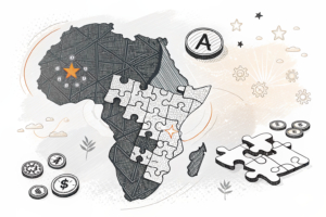 A group of interconnected puzzle pieces form a map of Africa, with a spotlight shining on a trio of larger pieces representing key markets for a growing digital gaming operator.