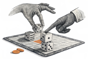 Two distinct, abstract hands, one larger and one smaller, simultaneously reach for a single set of dice on a stylized game board, creating a visual tension over regulatory control.
