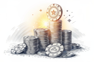 A towering stack of abstract, glowing chips symbolizes the rise in gaming tax revenue, overshadowing smaller stacks representing other taxes, with a bright light shining on the tourism development fund.