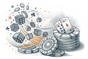 A chaotic current of glowing, abstract digital fragments, hinting at games of chance, is being systematically contained by a rising, structured barrier.