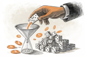 A stylized, authoritative hand meticulously sorts through a cascade of abstract game tokens, funneling a portion into a transparent, structured financial column.