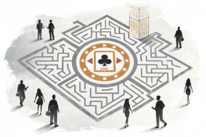 A maze of interconnected digital pathways leads to a central gambling symbol, surrounded by shadowy figures representing diverse demographics.