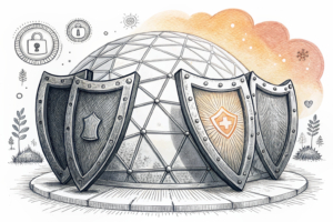 Interlocking, polished metallic shields form an impenetrable dome over a glowing, abstract core of information.