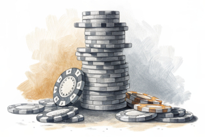 A towering, unstable stack of gaming chips with dark, fluid shadows visibly seeping through its numerous gaps and base, as a large, authoritative hand descends to reinforce its structure.