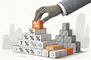 A large, abstract hand adds a block to a rising, geometric structure symbolizing a percentage, which then funnels a stream of generic game pieces into a collective foundation.
