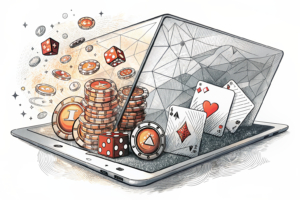 A translucent, geometric barrier slowly descends, partially obscuring a vibrant, chaotic field of glowing digital gambling elements.