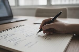 A focused, slightly overhead shot captures a pair of hands holding a pen, poised over an open notebook or a sheet of paper. The paper is filled with various handwritten notes, abstract diagrams, and bullet points, suggesting a process of planning, analysis, or strategic mapping. The background is softly blurred, hinting at a professional or meeting environment. The overall mood is one of intense concentration and thoughtful deliberation, emphasizing the act of careful consideration and documentation.