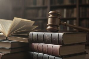 A sturdy wooden gavel rests prominently on a stack of thick, leather-bound legal tomes. The books are aged, their spines showing the weight of countless pages of statutes and precedents, perhaps slightly fanned open to suggest ongoing study or debate. The composition is solemn and authoritative, with a sense of gravity and intellectual rigor. The lighting is perhaps dramatic, casting deep shadows that emphasize the solidity and importance of these objects, creating a mood of serious deliberation and the unwavering application of principles. The overall impression is one of legal authority, careful interpretation, and the foundational nature of established law.