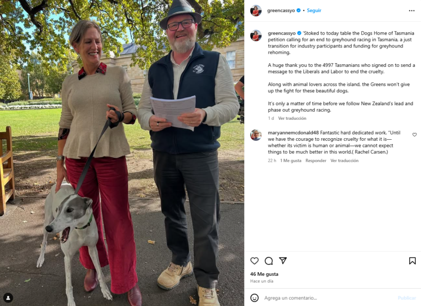 Cassy O’Connor MLC: ‘Stoked to today table the Dogs Home of Tasmania petition calling for an end to greyhound racing in Tasmania, a just transition for industry participants and funding for greyhound rehoming.
A huge thank you to the 4997 Tasmanians who signed on to send a message to the Liberals and Labor to end the cruelty.
Along with animal lovers across the island, the Greens won’t give up the fight for these beautiful dogs.
It’s only a matter of time before we follow New Zealand’s lead and phase out greyhound racing.