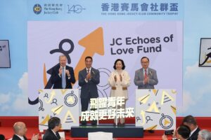 HKSAR Government Secretary for Home and Youth Affairs Alice Mak (2nd right), Club Chairman Michael Lee (2nd left), Club Deputy Chairman Martin Liao (1st right) and Club Chief Executive Officer Winfried Engelbrecht-Bresges (1st left) officiate at The Hong Kong Jockey Club Community Day, which saw the Club announce five youth development initiatives.