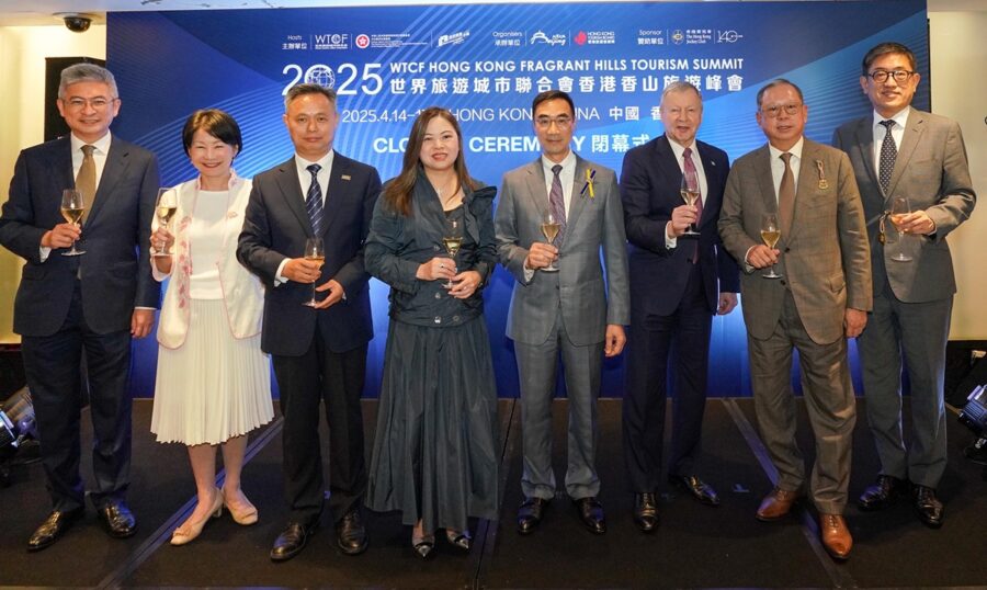 Michael Lee, Chairman of The Hong Kong Jockey Club (4th right), and Winfried Engelbrecht-Bresges, CEO of The Hong Kong Jockey Club (3rd right), with Rosanna Law, Secretary for Culture, Sports and Tourism of the HKSAR Government (4th left), Vivian Sum, Permanent Secretary for Culture, Sports and Tourism of the HKSAR Government (2nd left), Raistlin Lau, Under Secretary for Culture, Sports and Tourism of the HKSAR Government (1st left), Guo Huaigang, Secretary-General of the WTCF (3rd left), Dr Peter Lam, Chairman of Hong Kong Tourism Board (2nd right), and Dane Cheng, Executive Director of Hong Kong Tourism Board (1st right), at the Closing Ceremony of the 2025 World Tourism Cities Federation Hong Kong Fragrant Hills Tourism Summit.