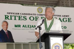 PAGCOR Chairman and CEO Alejandro H. Tengco delivers his keynote address during the Officer Candidate School’s Rites of Passage Ceremony on May 24 at Camp O’ Donnell in Capas, Tarlac.