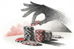 A large hand casts a shadow over a stack of digital chips, as hidden gambling activities take place in coffee shops and entertainment venues.