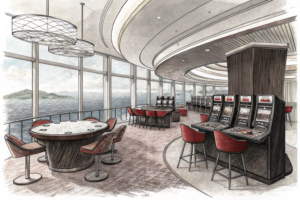 A luxurious, secluded gaming salon on the 19th floor overlooks a coastal view, with baccarat tables and slot machines elegantly arranged for high-stakes players.