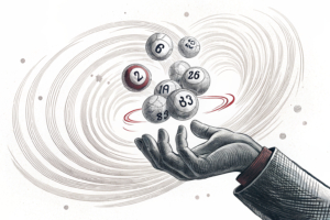 A hand releases a group of floating lottery balls into a swirling vortex of light and shadows.